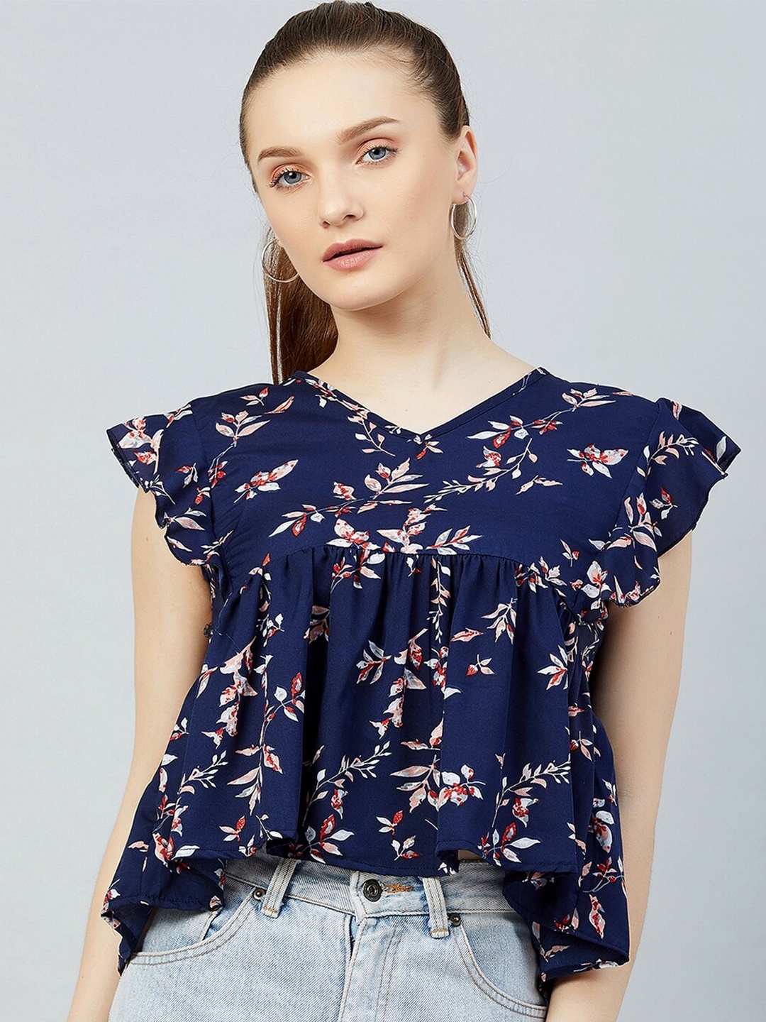

CHIMPAAANZEE Women Navy Blue Floral Print Crop Top