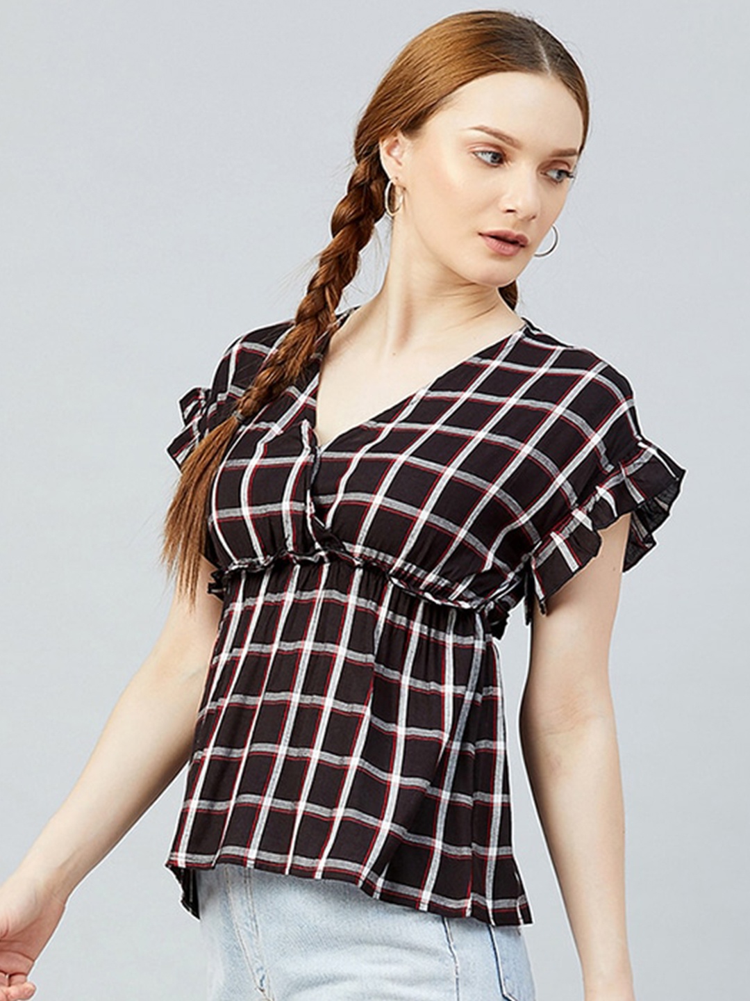 

CHIMPAAANZEE Black & Red Checked Extended Sleeves Top