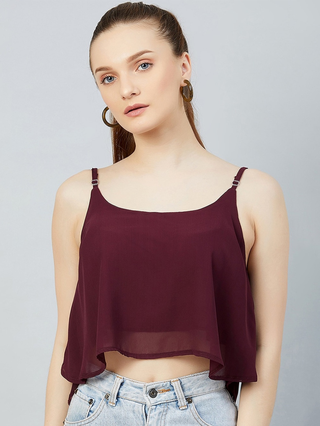 

CHIMPAAANZEE Women Burgundy Georgette Solid Crop Top