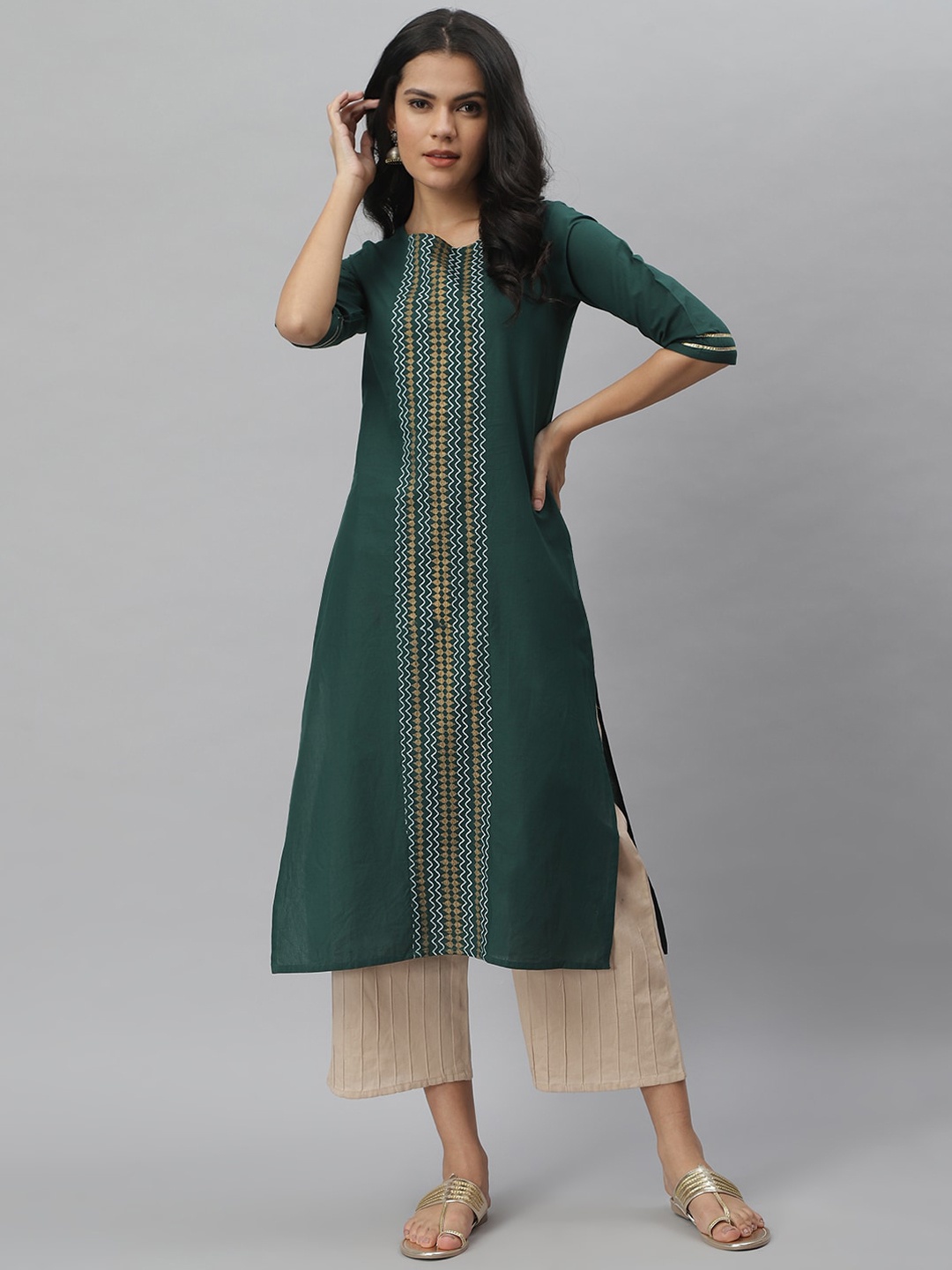 

Stylum Women Green & White Geometric Printed Pure Cotton Kurta