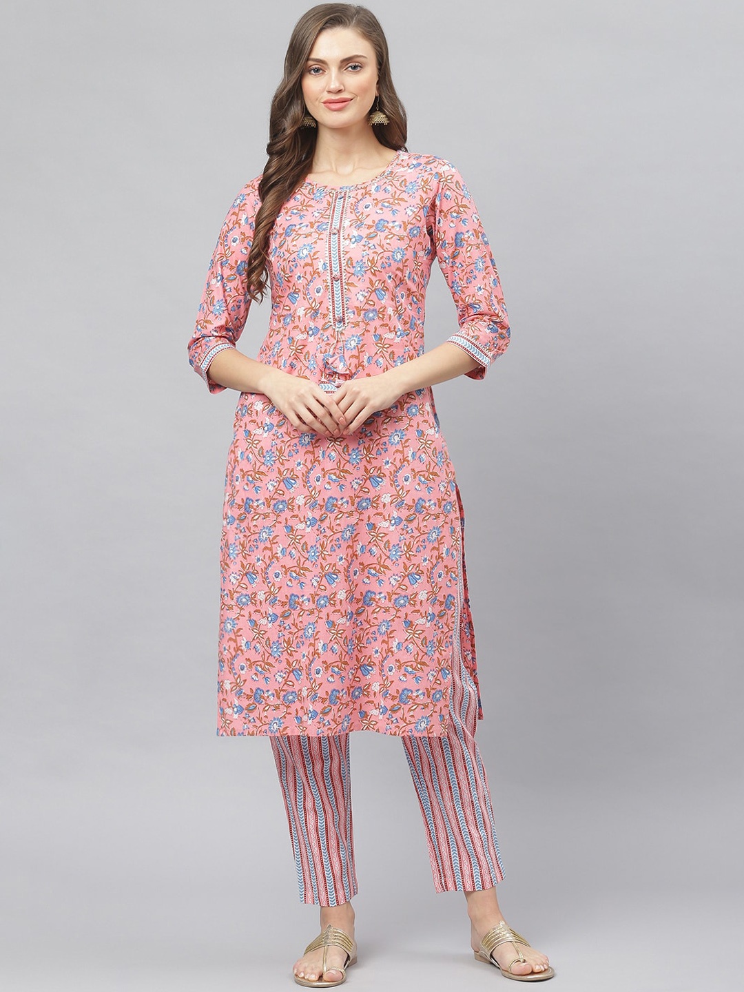 

Stylum Women Pink Floral Printed Pure Cotton Kurta with Trousers