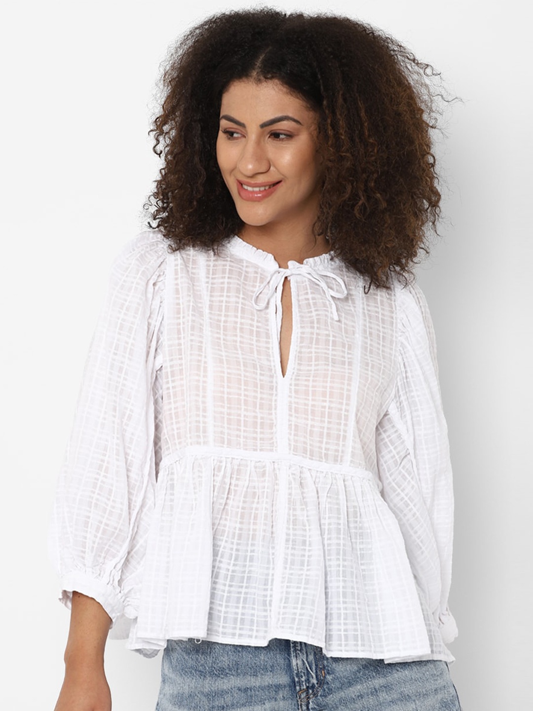 

AMERICAN EAGLE OUTFITTERS Women White Tie-Up Neck Peplum Top