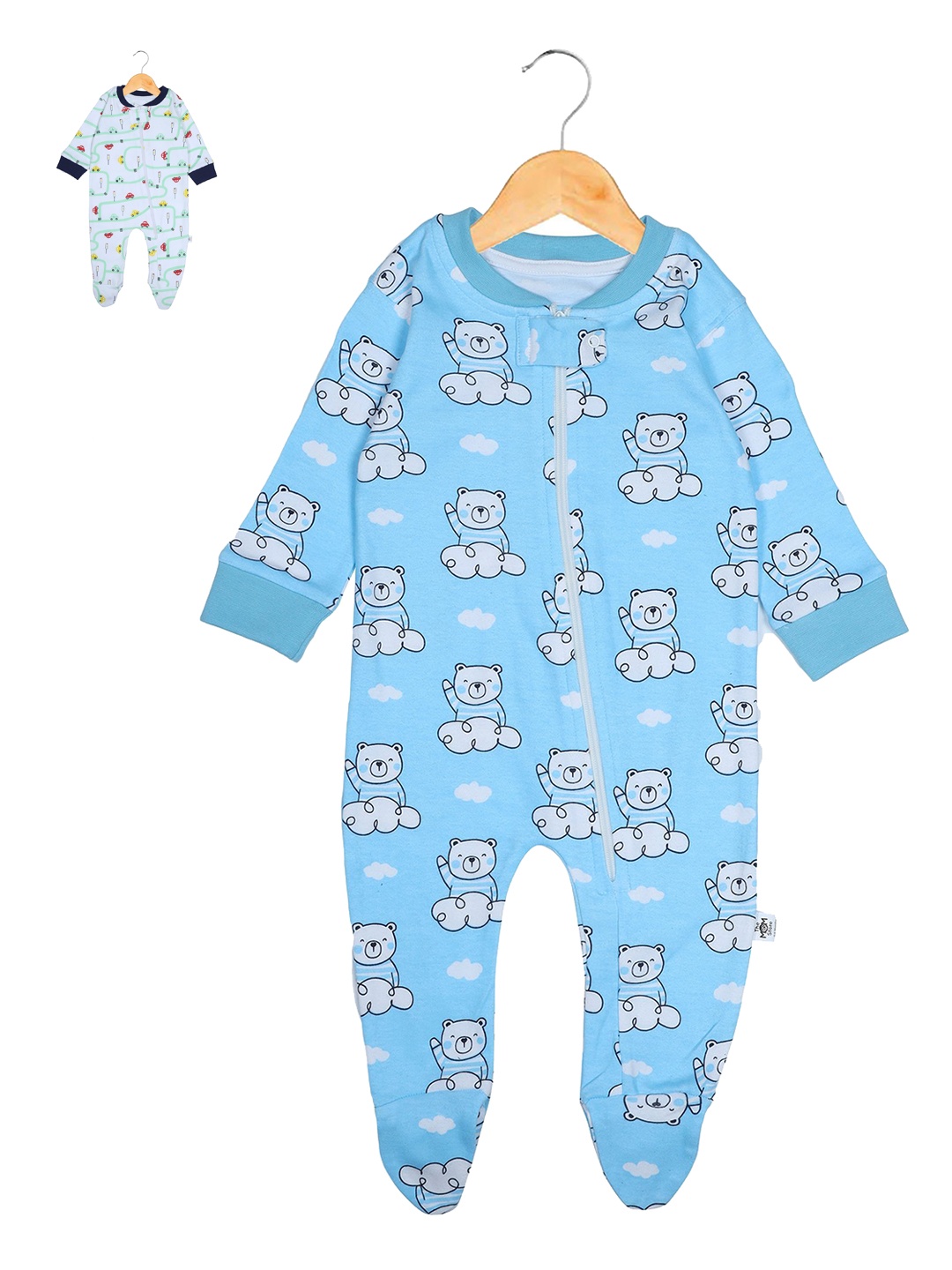 

The Mom Store Infant Kids Pack of 2 Printed Cotton Zipper Sleepsuits, Blue