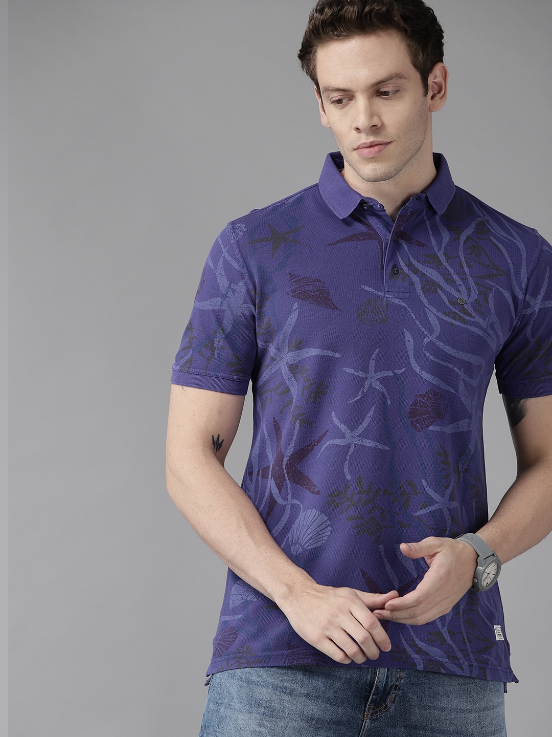 

VAN HEUSEN DENIM LABS Men Purple Printed Polo Collar Pure Cotton Slim Fit T-shirt