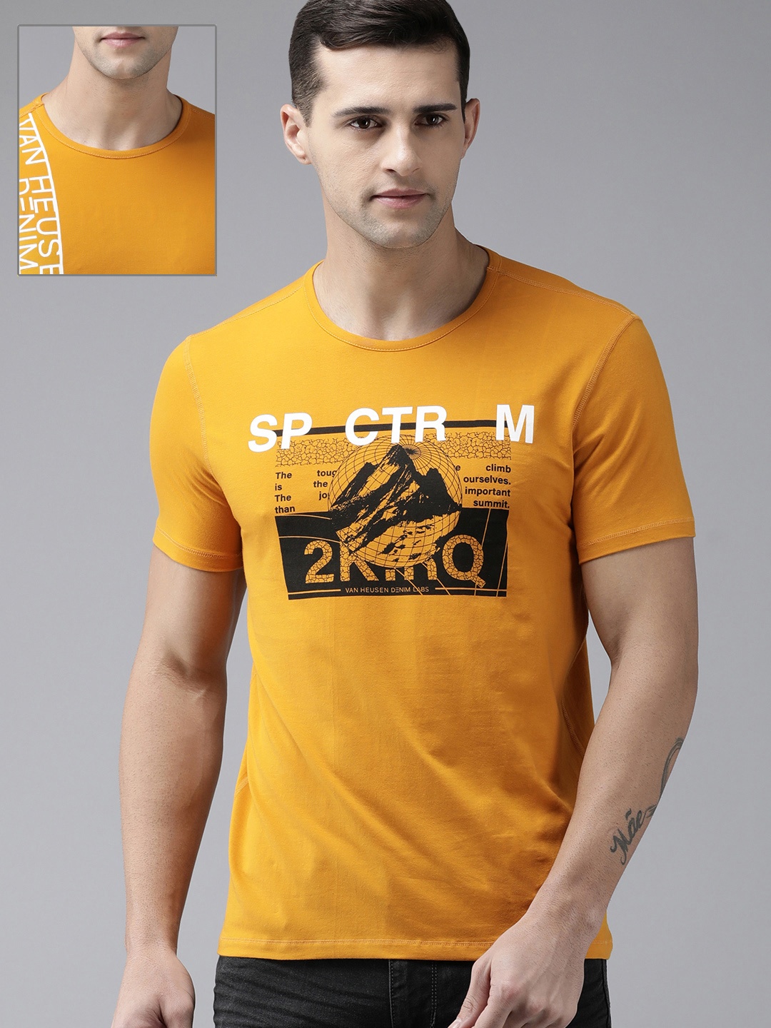 

VAN HEUSEN DENIM LABS Men Mustard Yellow Graphic Printed Reversible Casual T-shirt
