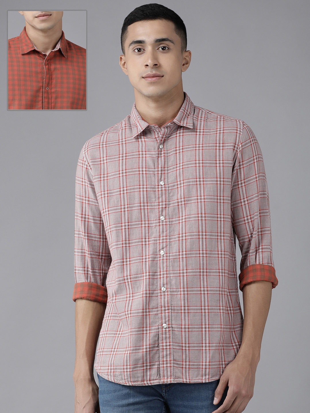 

VAN HEUSEN DENIM LABS Men Red Checked Slim Fit Reversible Casual Shirt