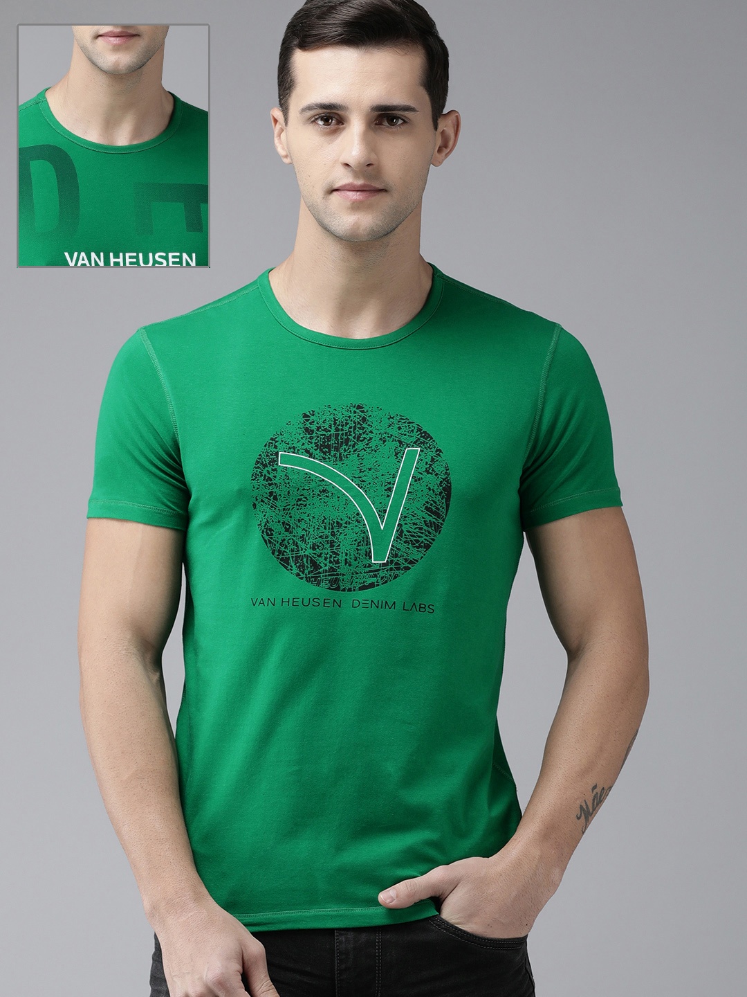 

VAN HEUSEN DENIM LABS Men Green Graphic Printed Reversible Casual T-shirt
