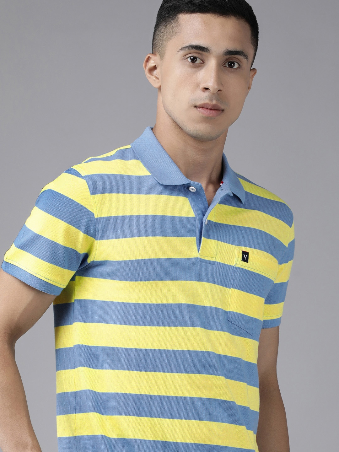 

Van Heusen Sport Men Yellow & Blue Striped Pure Cotton Polo Collar T-shirt