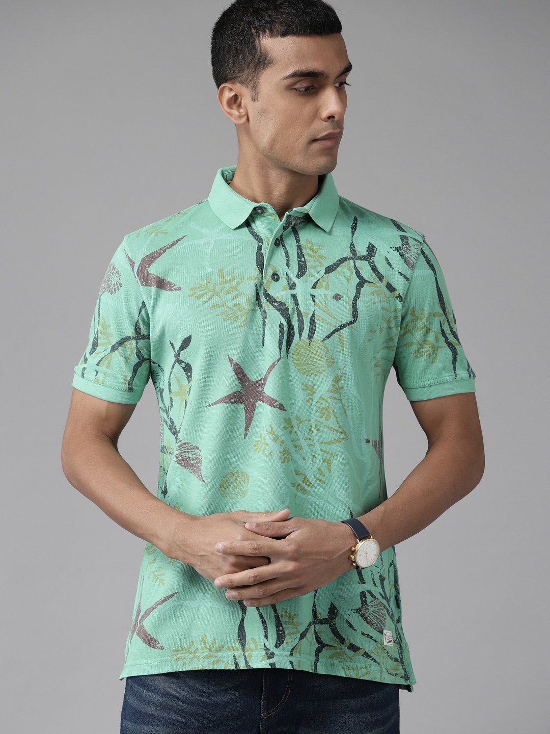 

VAN HEUSEN DENIM LABS Men Green Printed Polo Collar Pure Cotton Slim Fit T-shirt