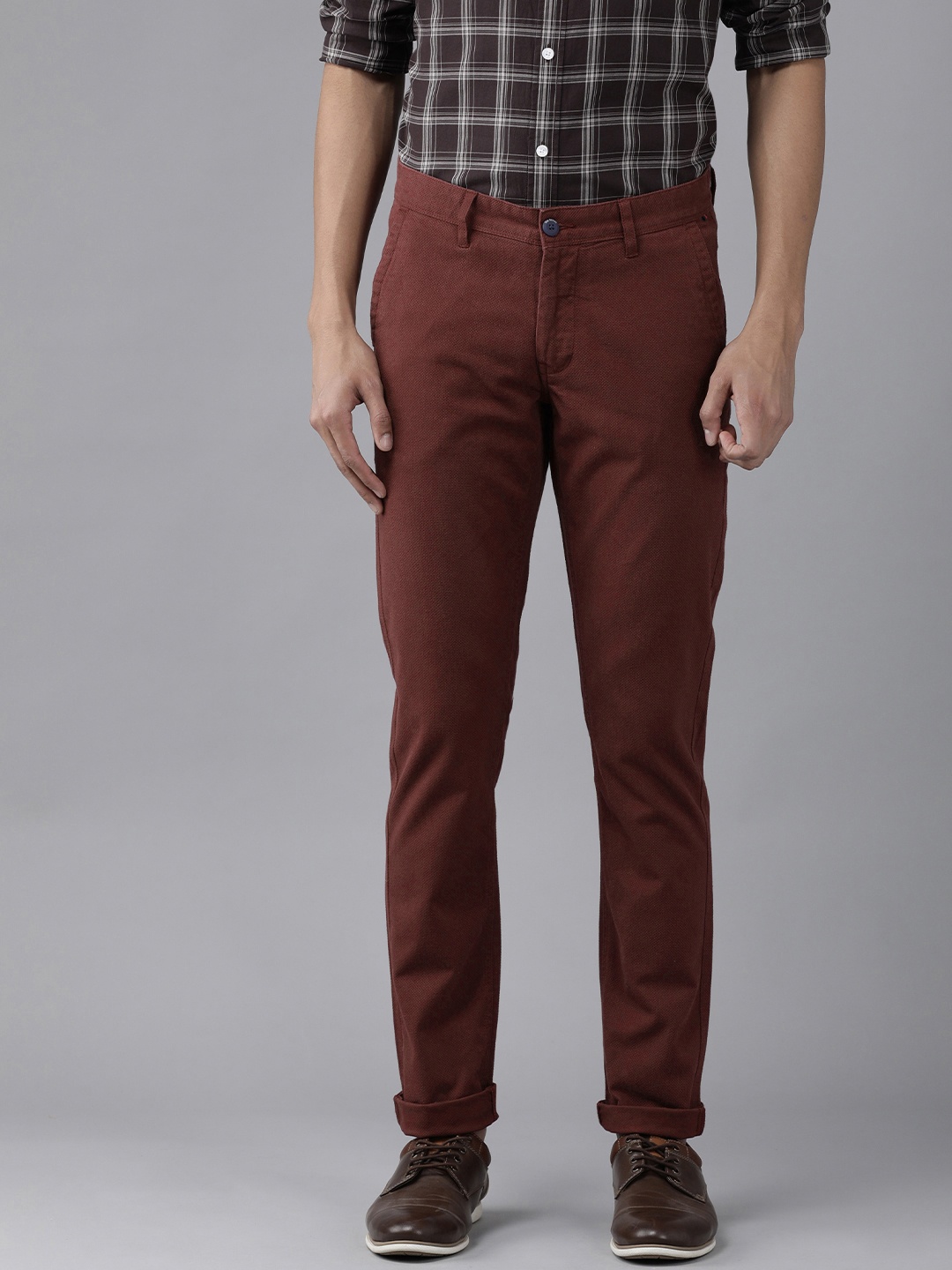 

Van Heusen Sport Men Maroon Textured Mid Rise Tapered Fit Trousers