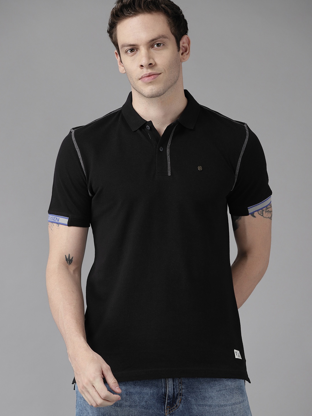 

VAN HEUSEN DENIM LABS Men Black Polo Collar Pure Cotton Slim Fit T-shirt