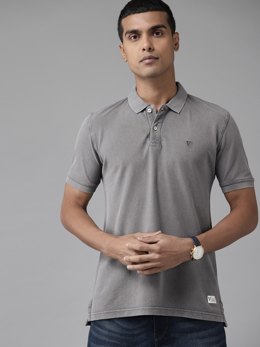

VAN HEUSEN DENIM LABS Men Grey Polo Collar Pure Cotton Slim Fit T-shirt