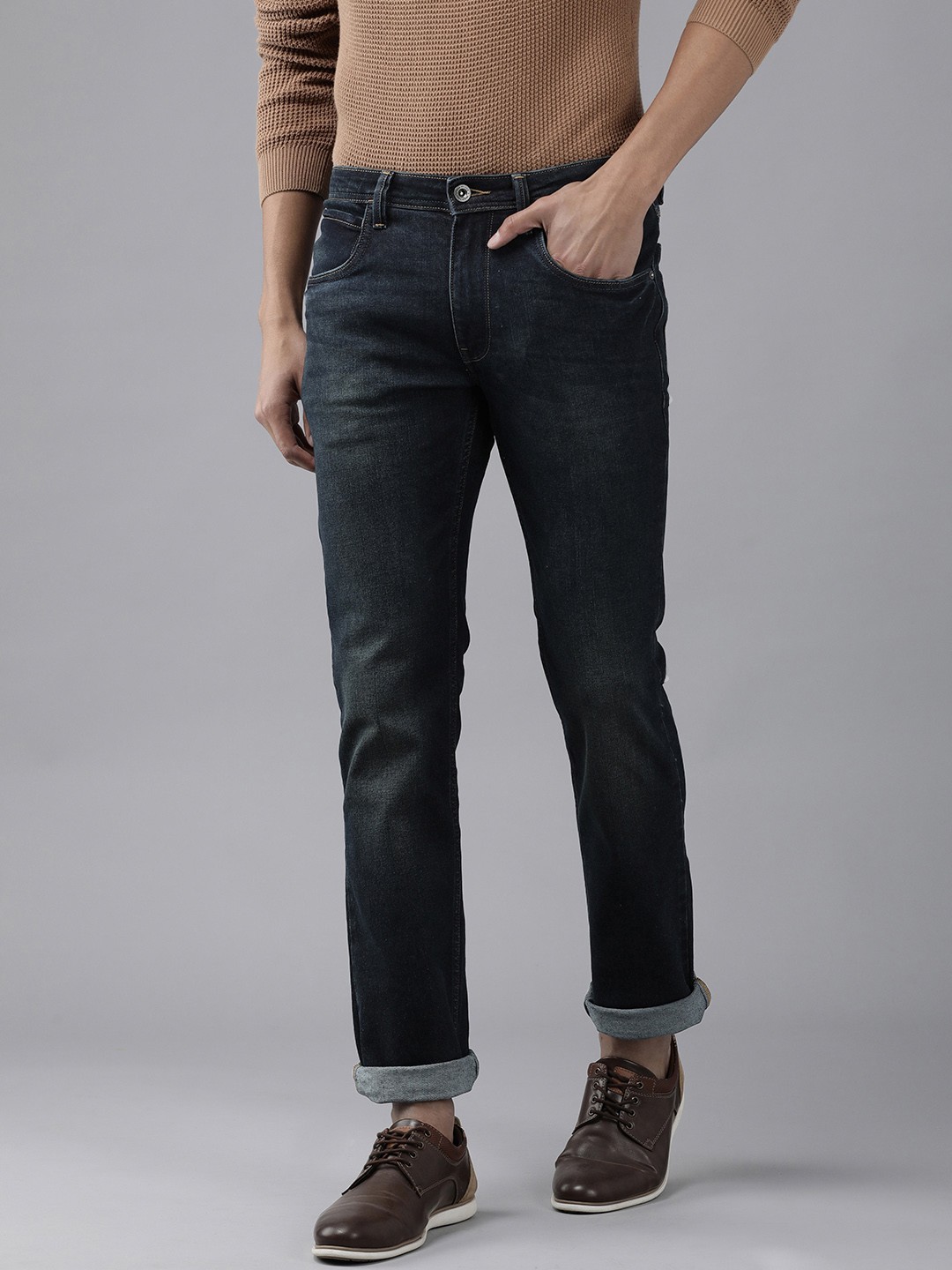 

VAN HEUSEN DENIM LABS Men Navy Blue Light Fade Slim Fit Stretchable Casual Jeans