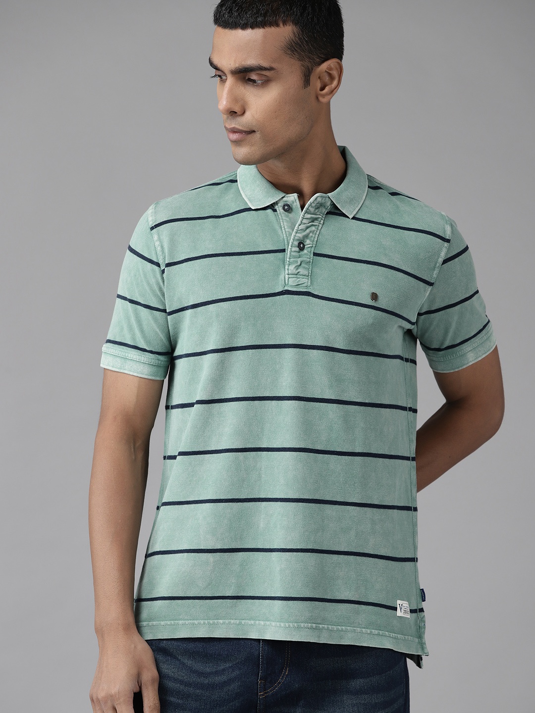 

VAN HEUSEN DENIM LABS Men Green & Navy Blue Striped Polo Collar Slim Fit T-shirt