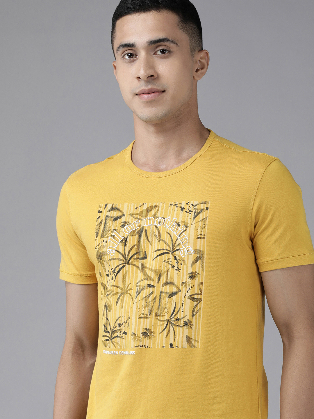 

VAN HEUSEN DENIM LABS Men Mustard Yellow Tropical Printed Pure Cotton T-shirt