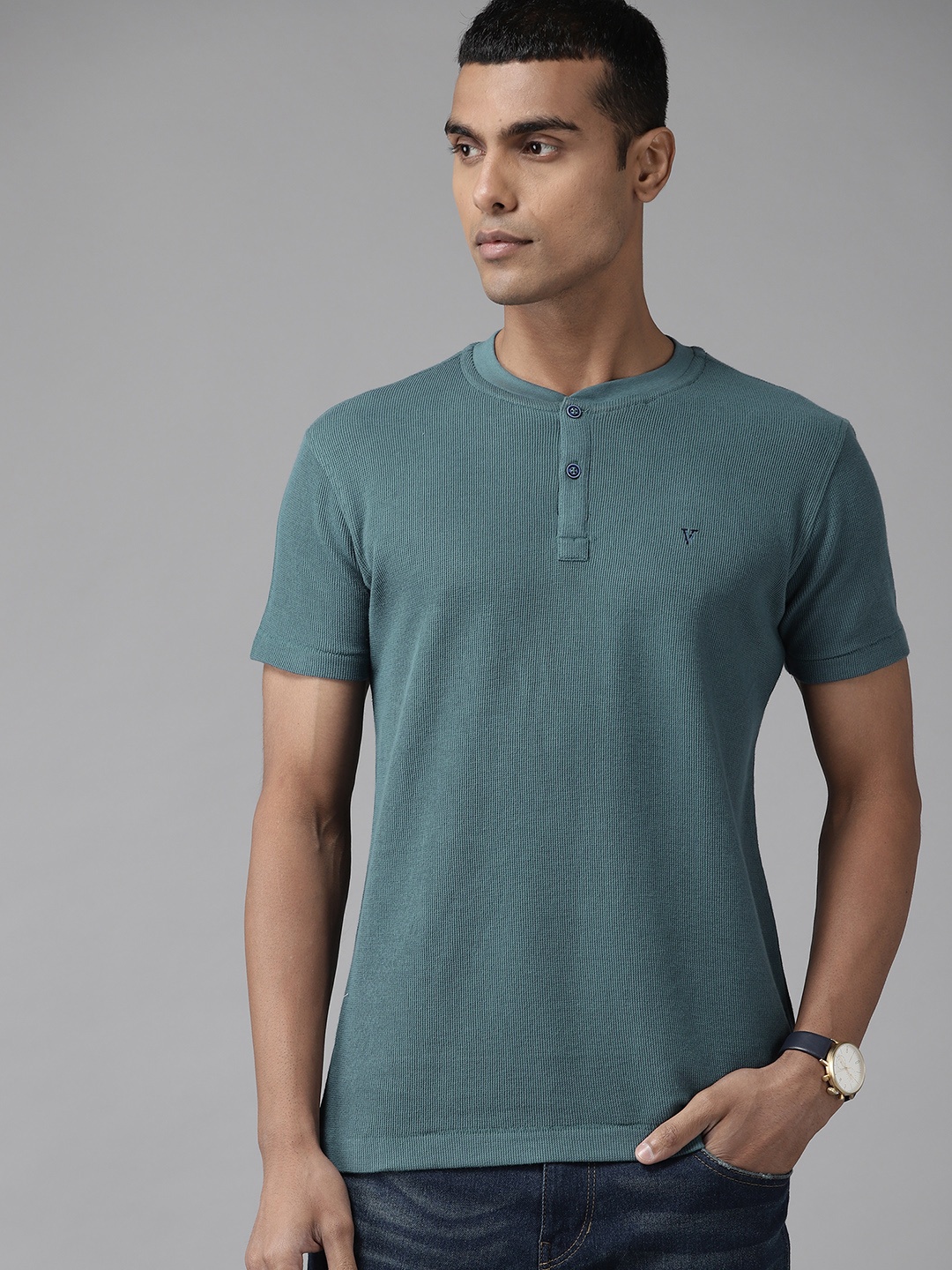 

VAN HEUSEN DENIM LABS Men Teal Green Henley Neck Pure Cotton Slim Fit T-shirt