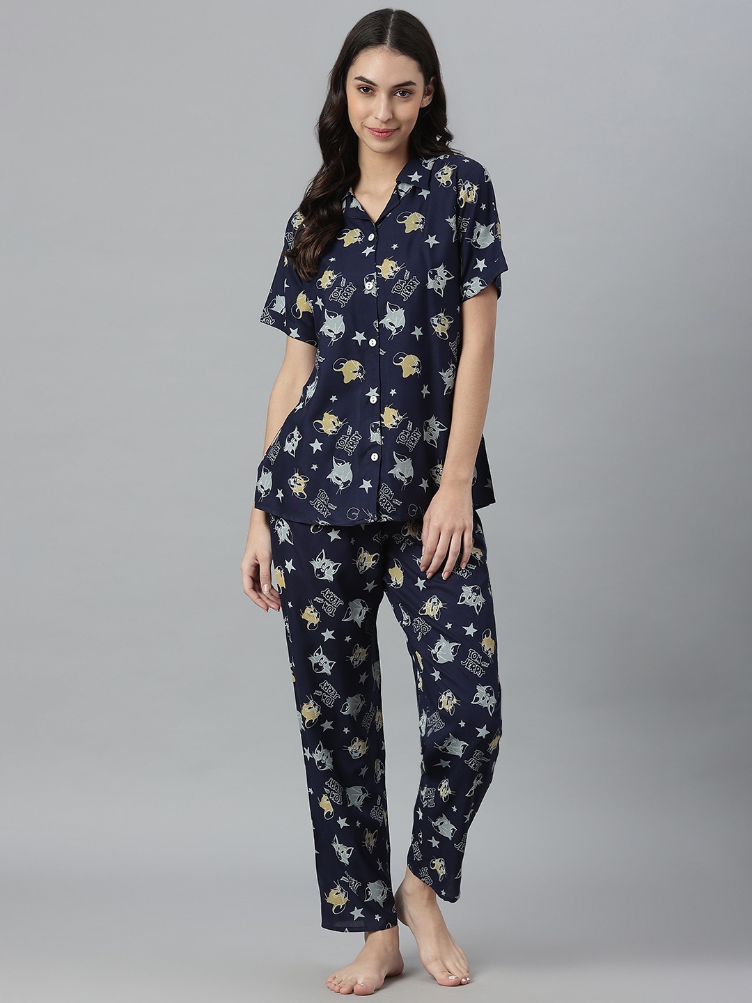 

Stylum Women Navy Blue & Grey Printed Night suit