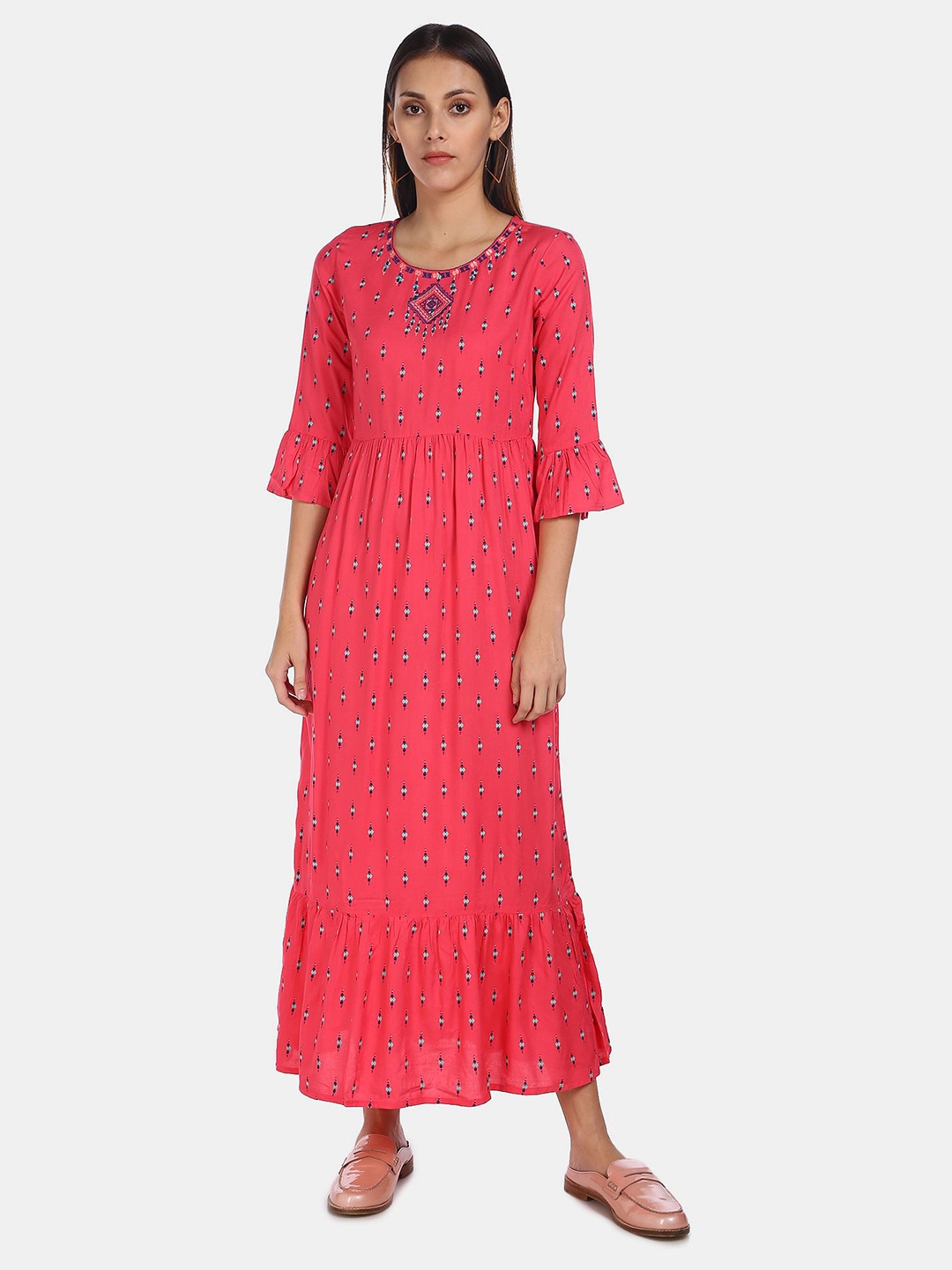 

Karigari Red & Turquoise Blue Floral Ethnic Midi Dress