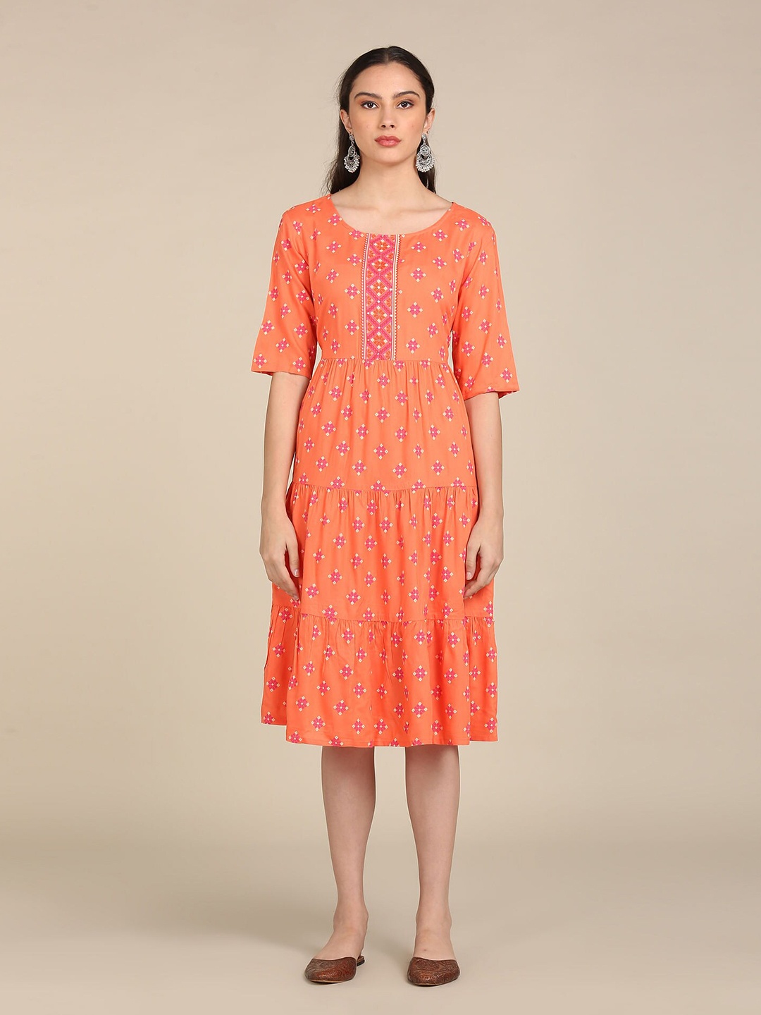 

Karigari Coral & Pink Printed A-Line Midi Dress