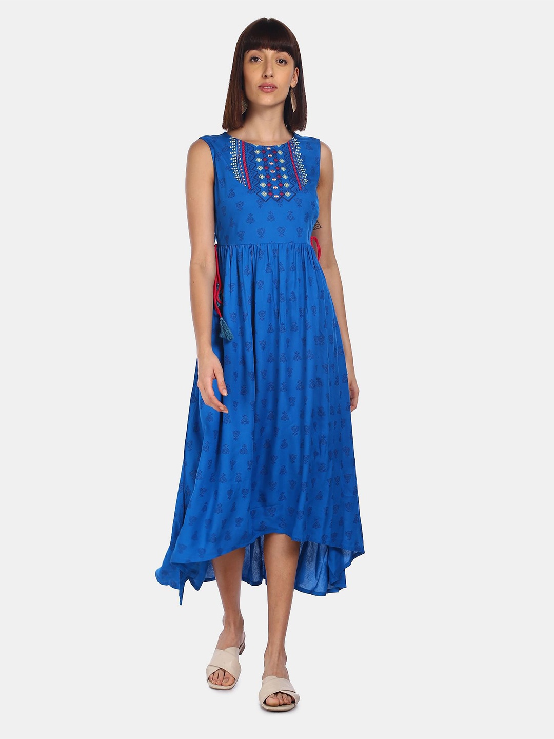 

Karigari Blue Women Ethnic Motifs Cotton Midi Dress