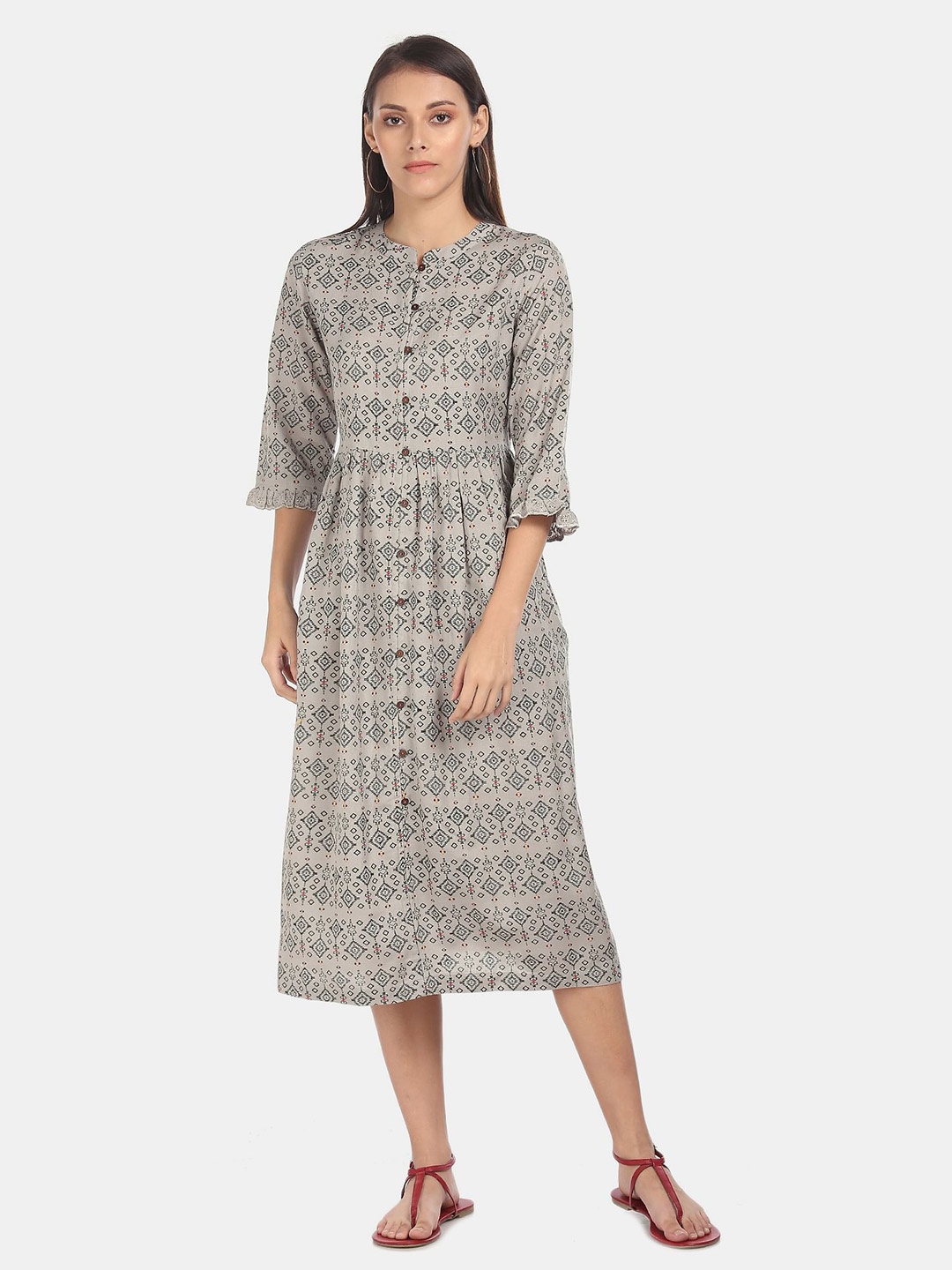 

Karigari Grey Geometric Printed A-Line Midi Dress