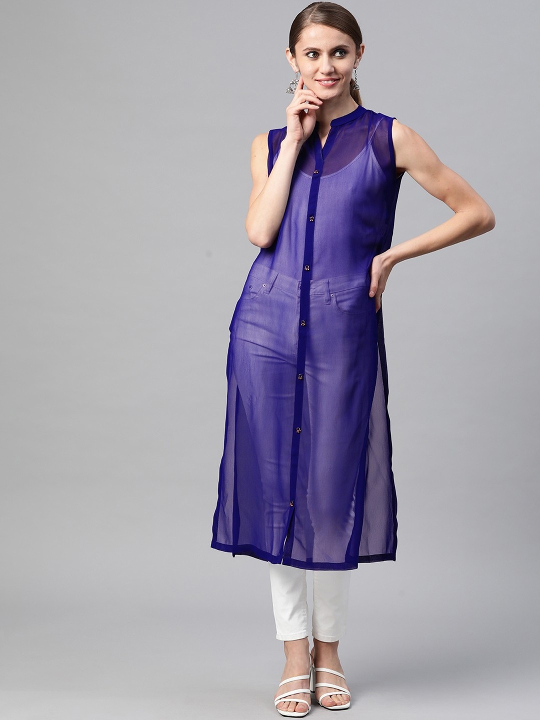 

RIVI Women Blue Blue Solid High Slit Straight Kurta