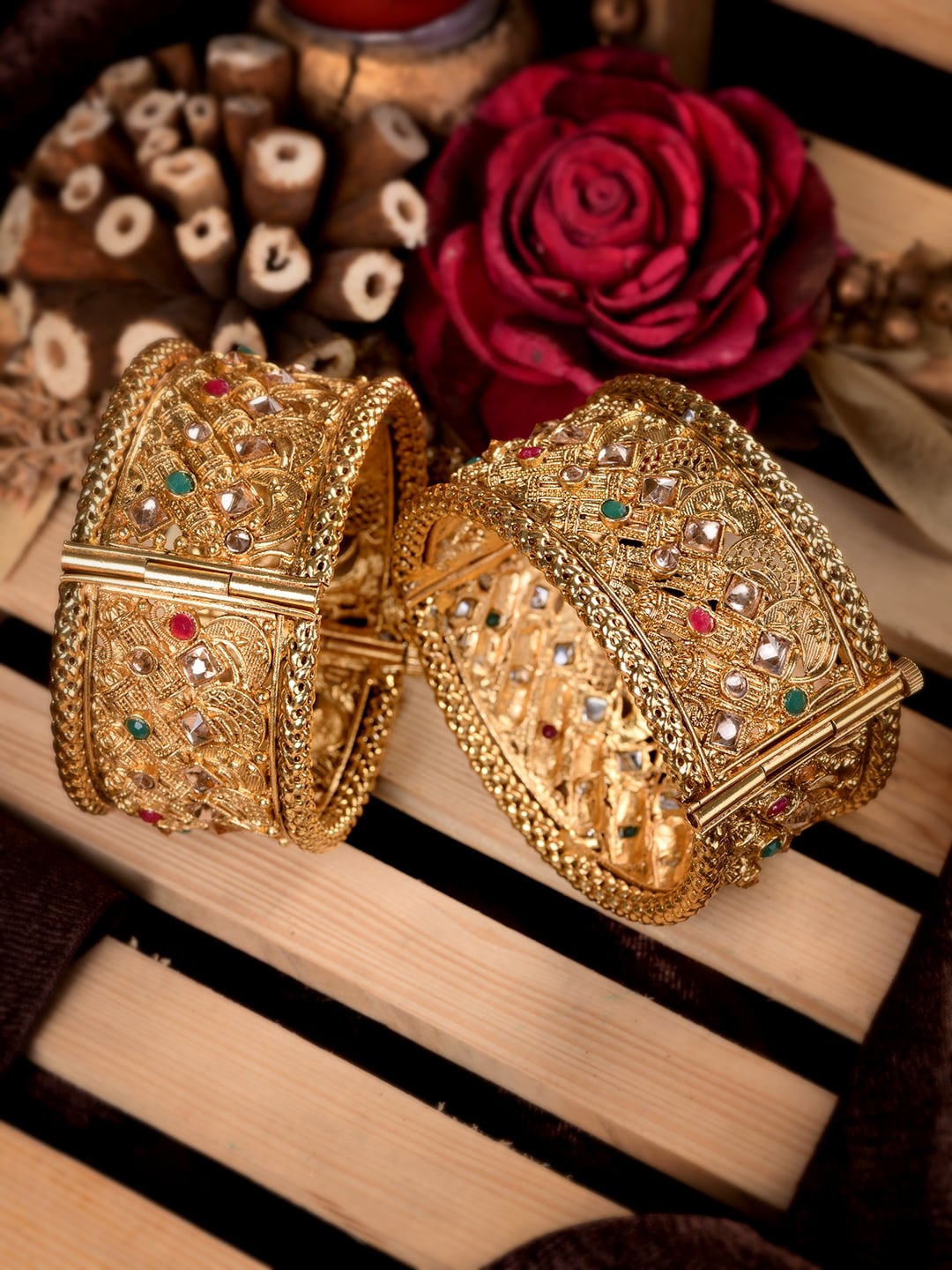 

Saraf RS Jewellery Set Of 2 Gold-Plated Red & Green Stone-Studded Bangles