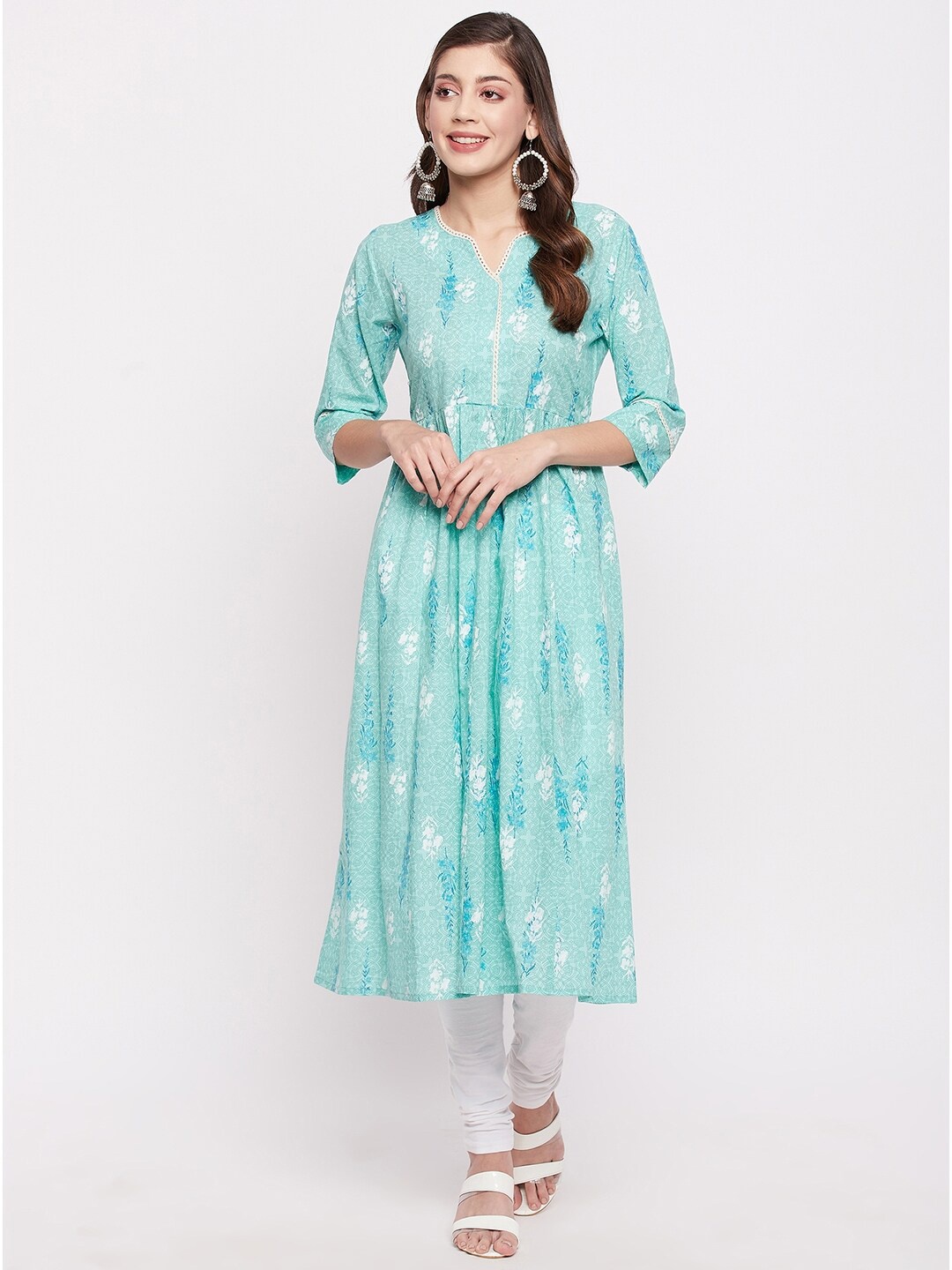 

One of a Kind Women Blue Ethnic Motifs Printed Cotton Anarkali Kurta