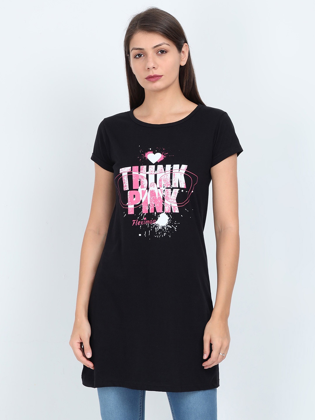 

Fleximaa Women Black Typography Printed Longline Top