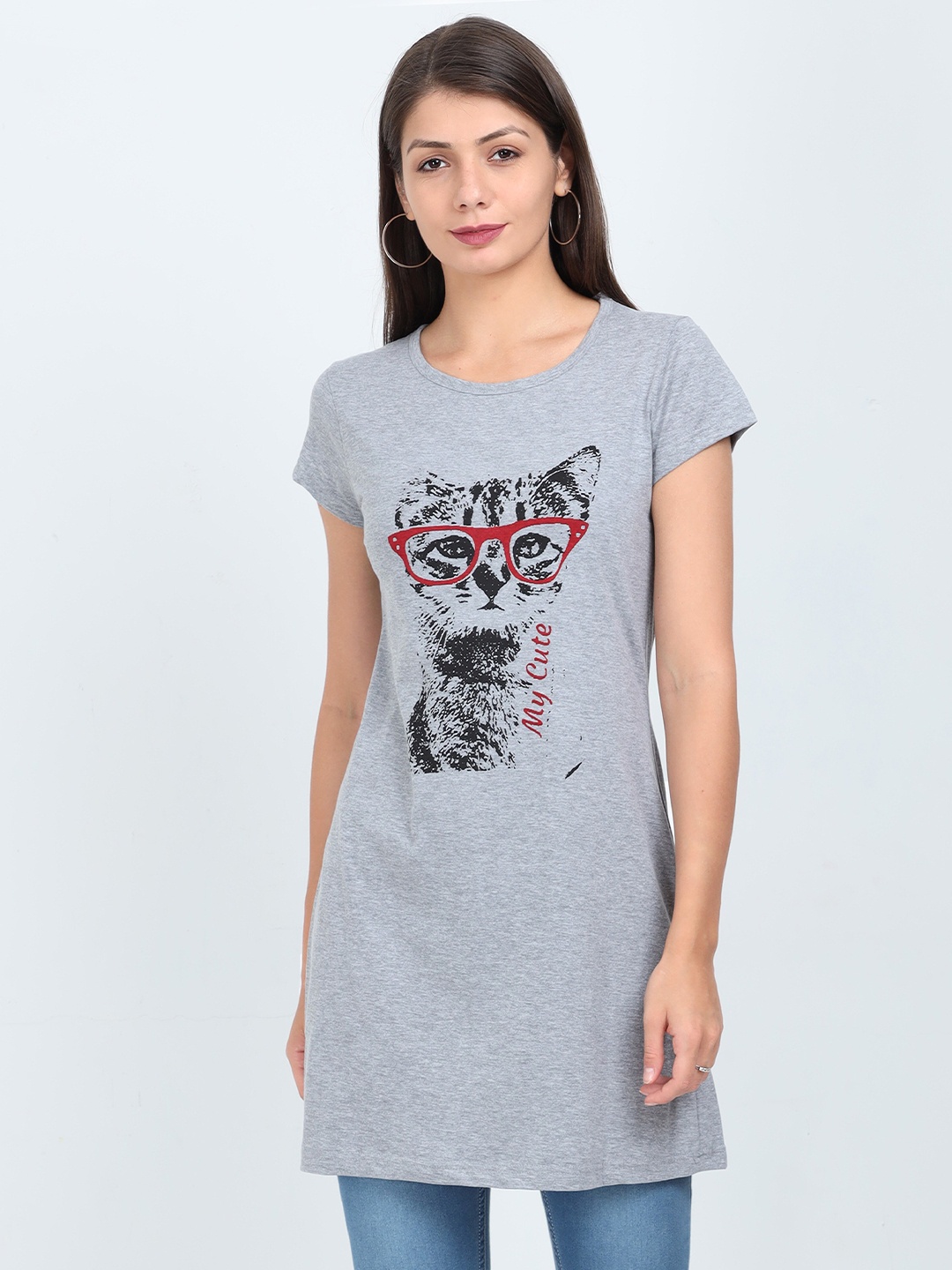 

Fleximaa Grey Print Pure Cotton Longline Top