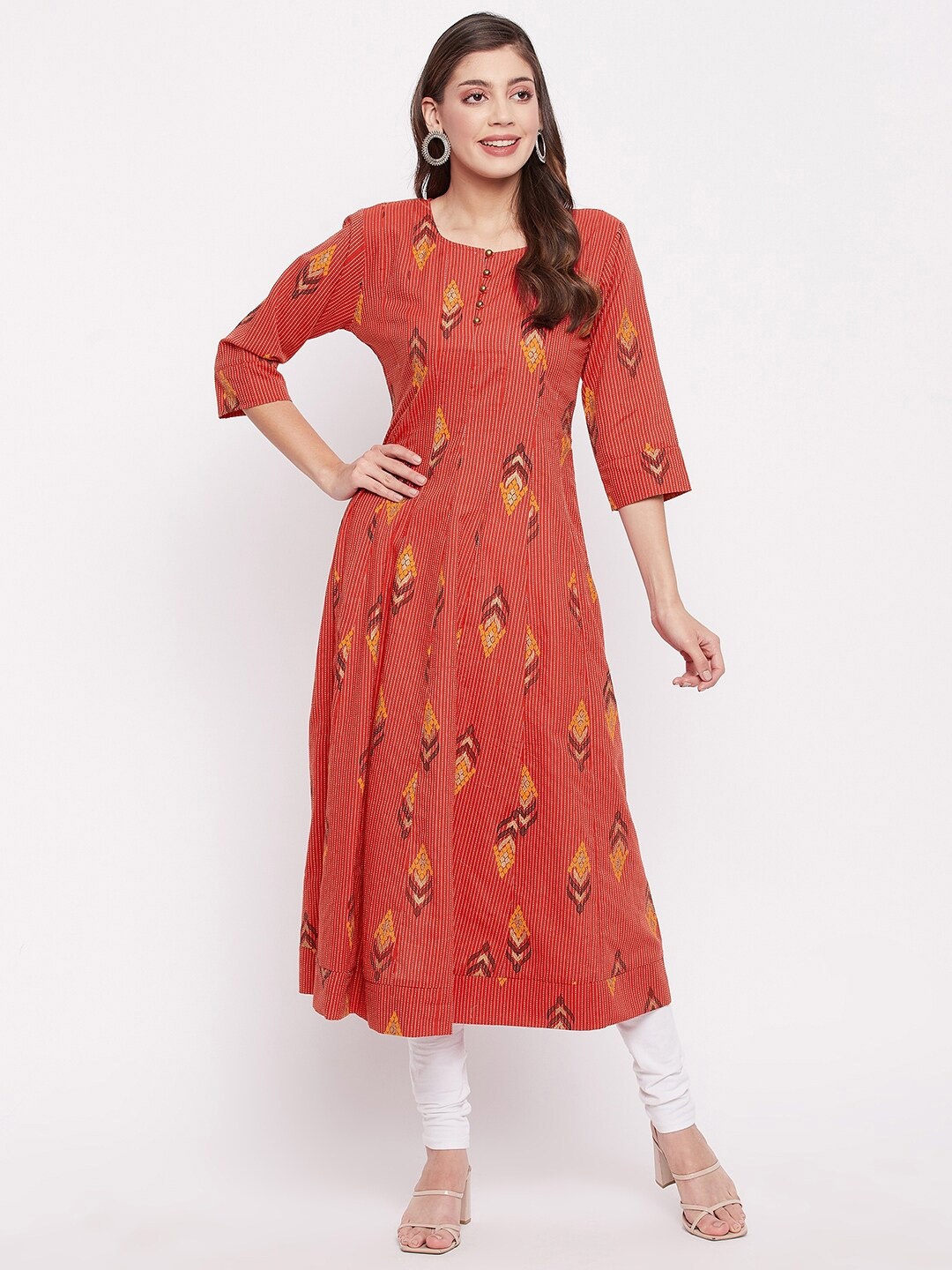 

One of a Kind Women Red & Mustard Yellow Block Print Anarkali Kurta