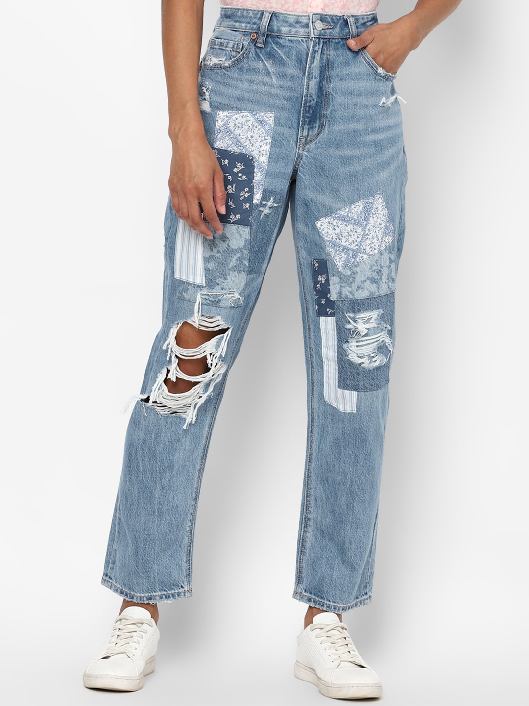 

AMERICAN EAGLE OUTFITTERS Women Blue Slim Fit High-Rise Highly Distressed Heavy Fade Jeans