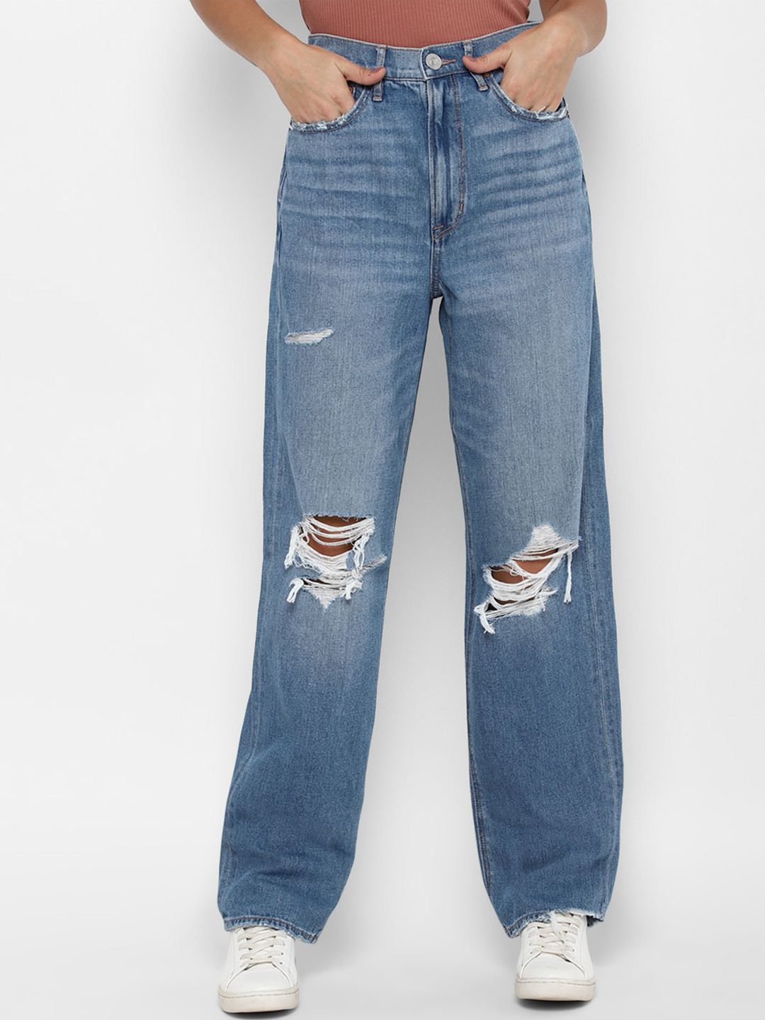 

AMERICAN EAGLE OUTFITTERS Women Blue Slim Fit High-Rise Highly Distressed Heavy Fade Jeans