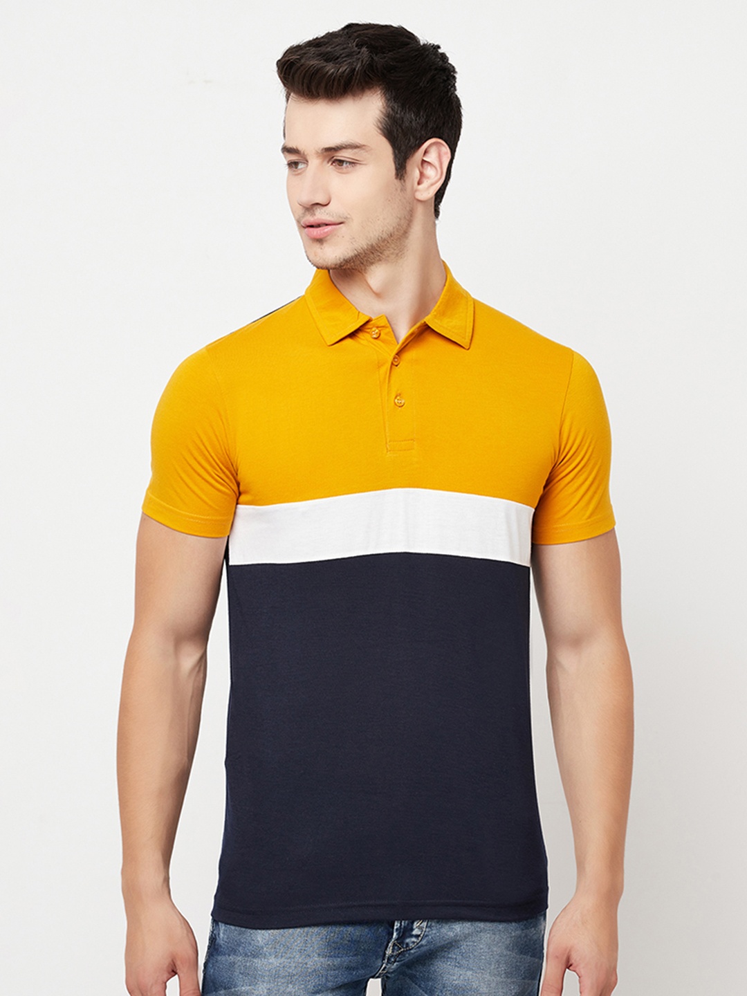 

HOLDIT Men Mustard Yellow & Navy Blue Colourblocked Polo Collar Cotton T-shirt