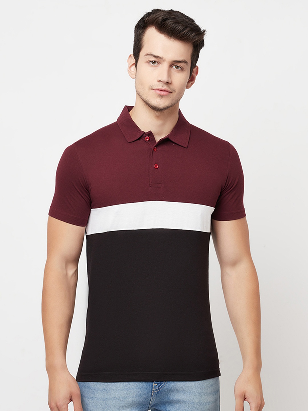 

HOLDIT Men Maroon & Black Colourblocked Polo Collar T-shirt