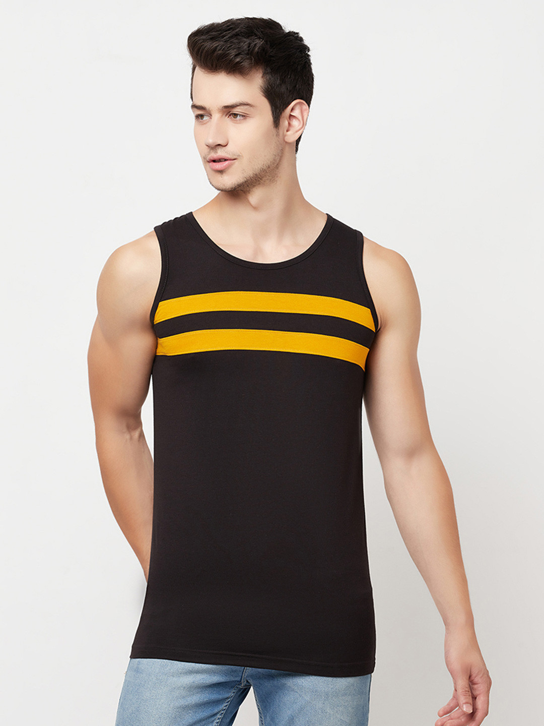 

HOLDIT Men Black & Yellow Striped Cotton T-shirt