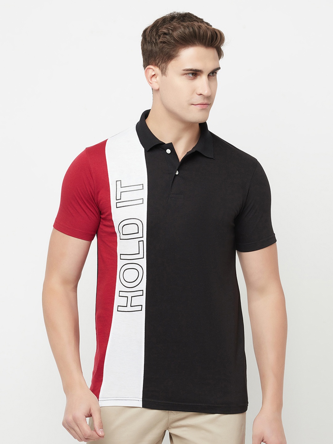 

HOLDIT Men Black & White Colourblocked Polo Collar T-shirt