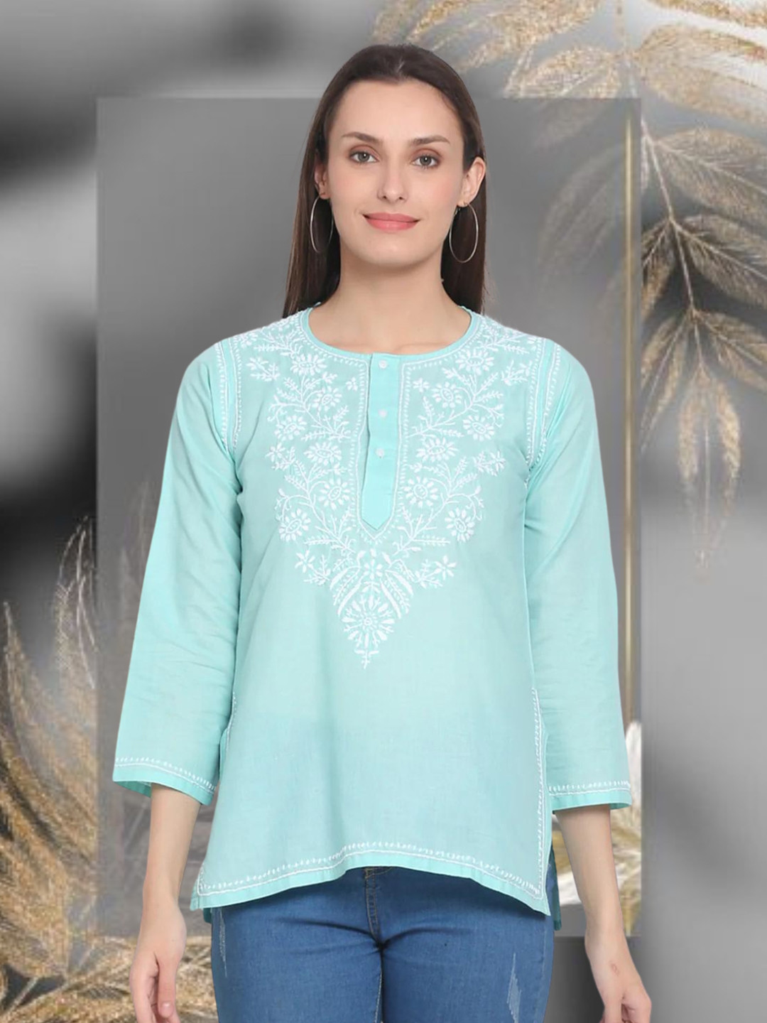 

PARAMOUNT CHIKAN Women Embroidered Lucknowi Chikankari Cotton Kurti, Green