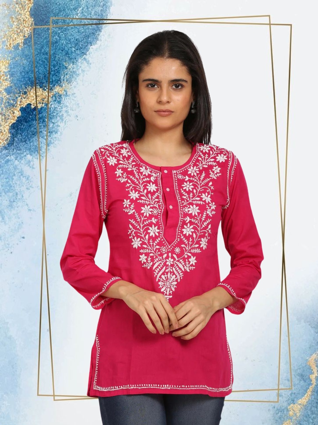 

PARAMOUNT CHIKAN Magenta Floral Embroidered Chikankari Pure Cotton Chikankari Kurti