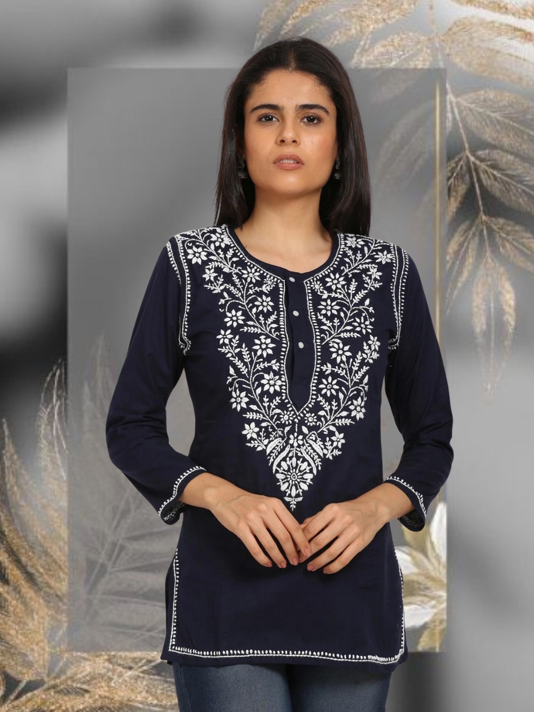 

PARAMOUNT CHIKAN Women Embroidered Lucknowi Chikankari Cotton Kurti, Navy blue