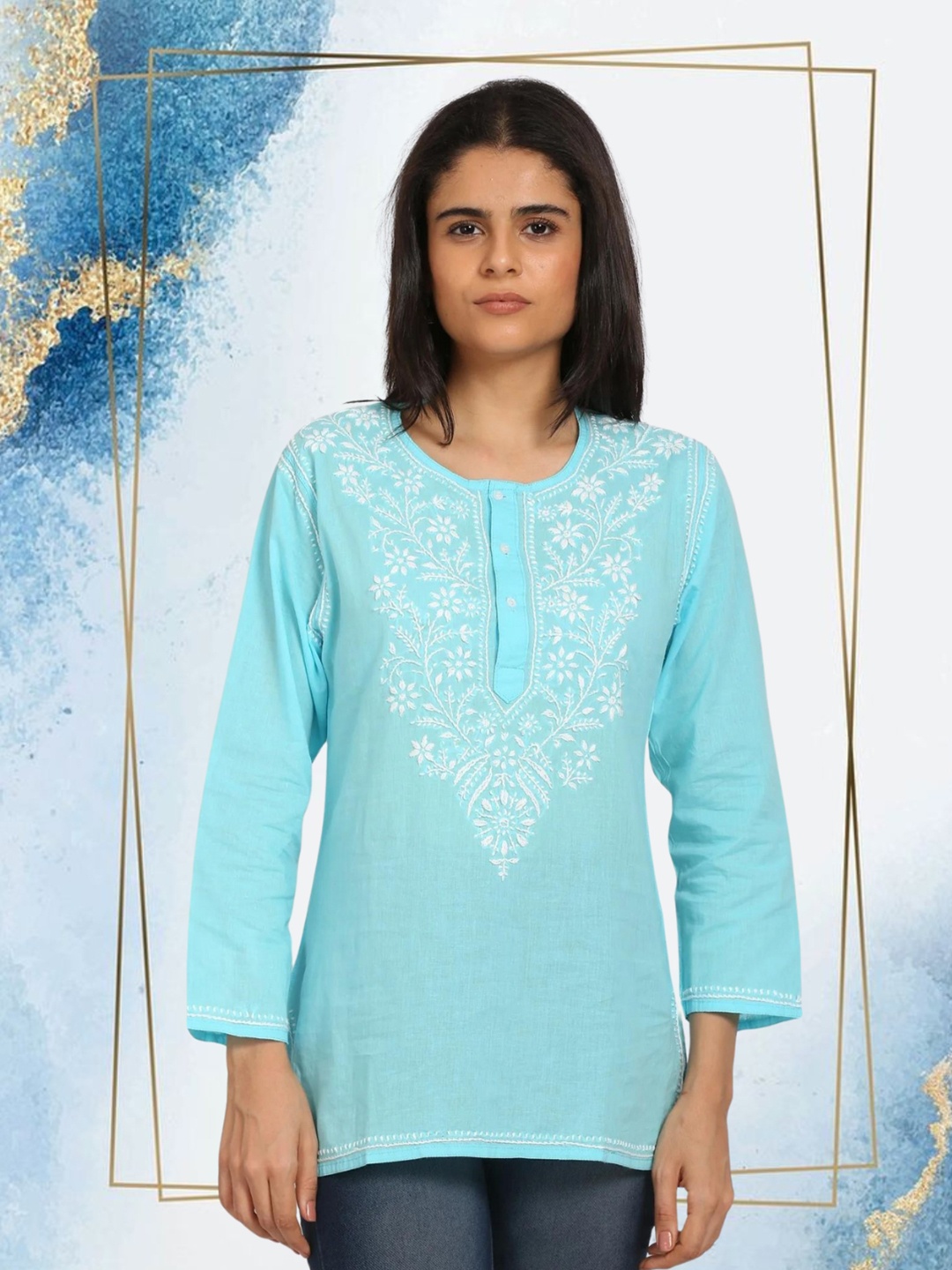 

PARAMOUNT CHIKAN Women Embroidered Lucknowi Chikankari Cotton Kurti, Blue