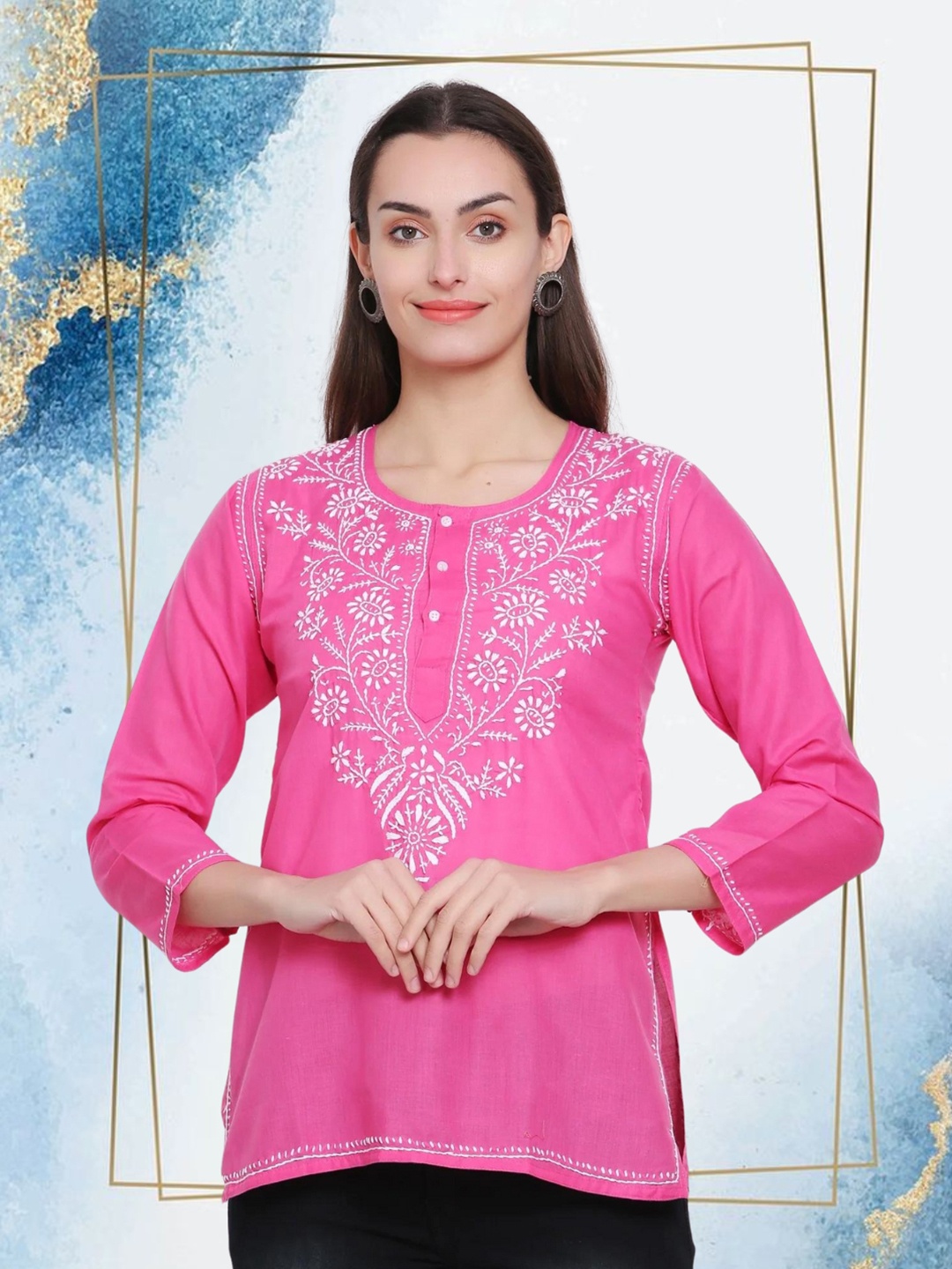 

PARAMOUNT CHIKAN Women Embroidered Lucknowi Chikankari Cotton Kurti, Pink