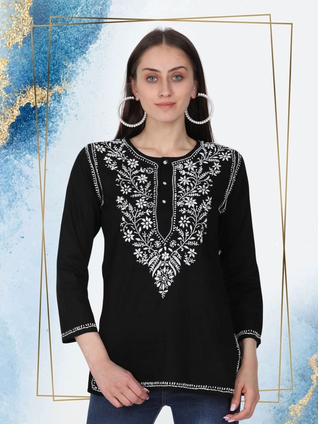 

PARAMOUNT CHIKAN Women Embroidered Lucknowi Chikankari Cotton Kurti, Black