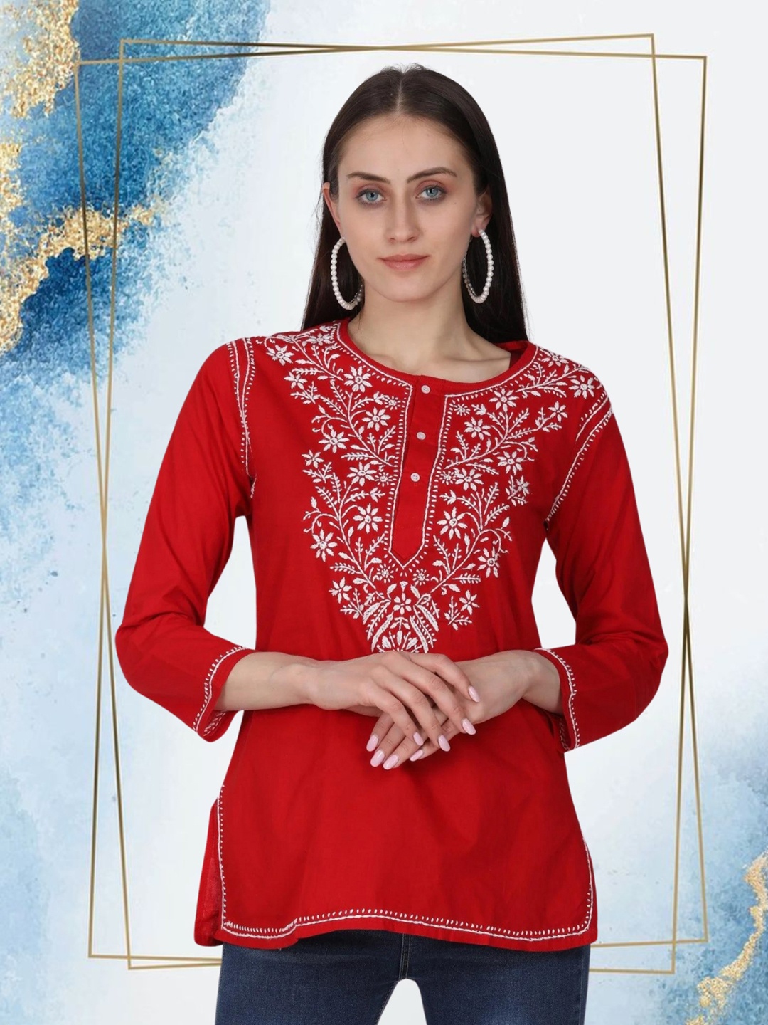 

PARAMOUNT CHIKAN Women Embroidered Lucknowi Chikankari Cotton Kurti, Red