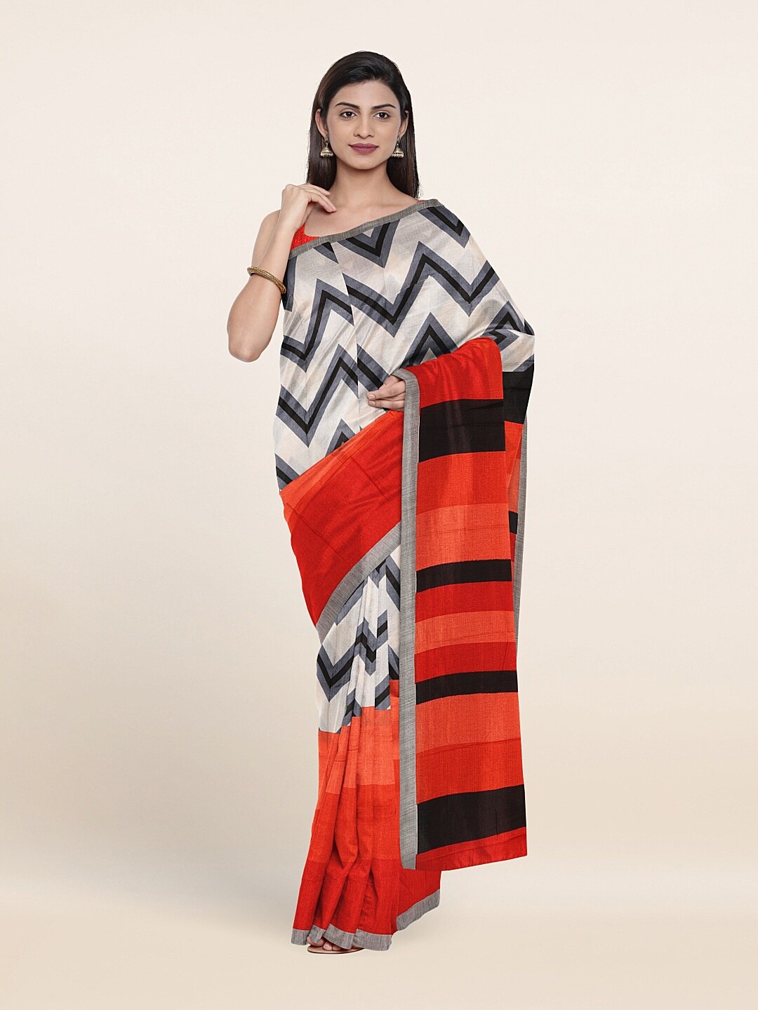 

Pothys White & Orange Geometric Printed Saree