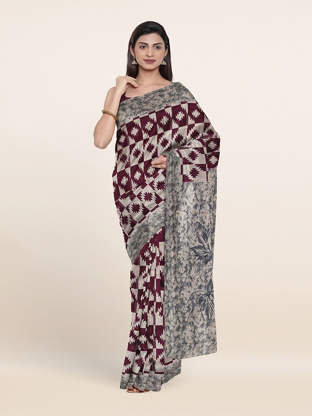 

Pothys Purple & Grey Printed Cotton Blend Saree