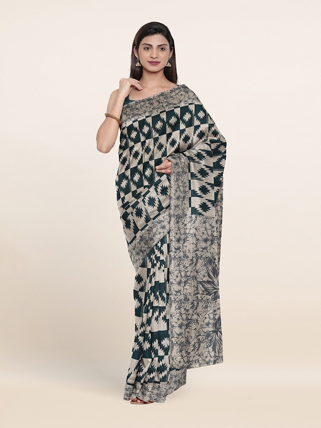 

Pothys Beige & Teal Green Geometric Printed Saree