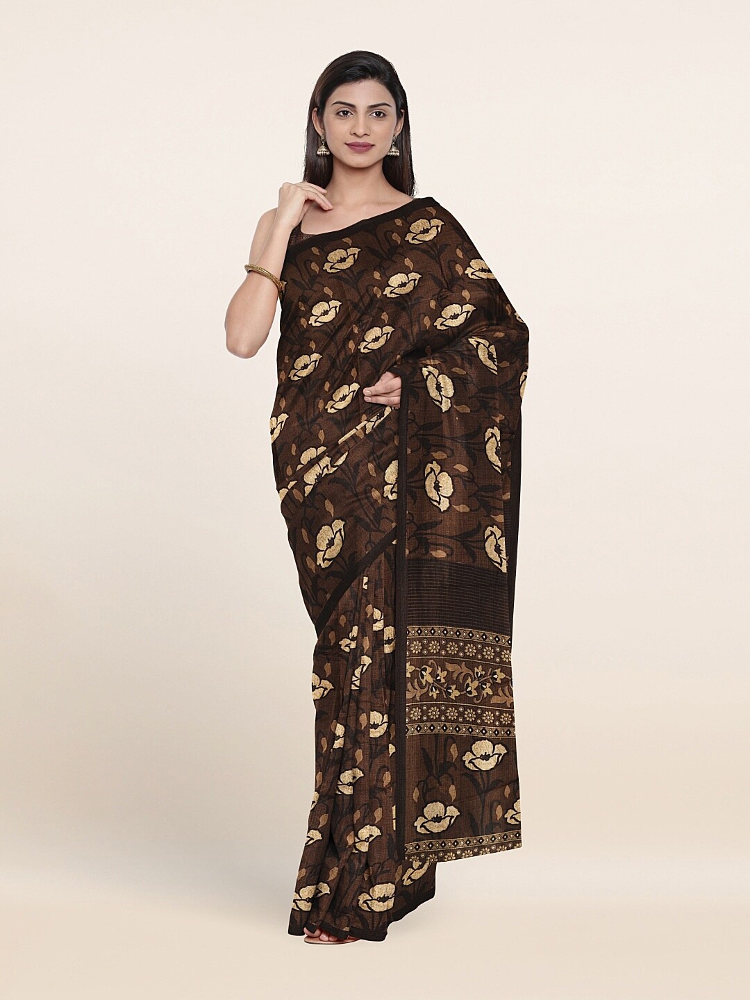 

Pothys Brown & Cream-Coloured Floral Printed Saree