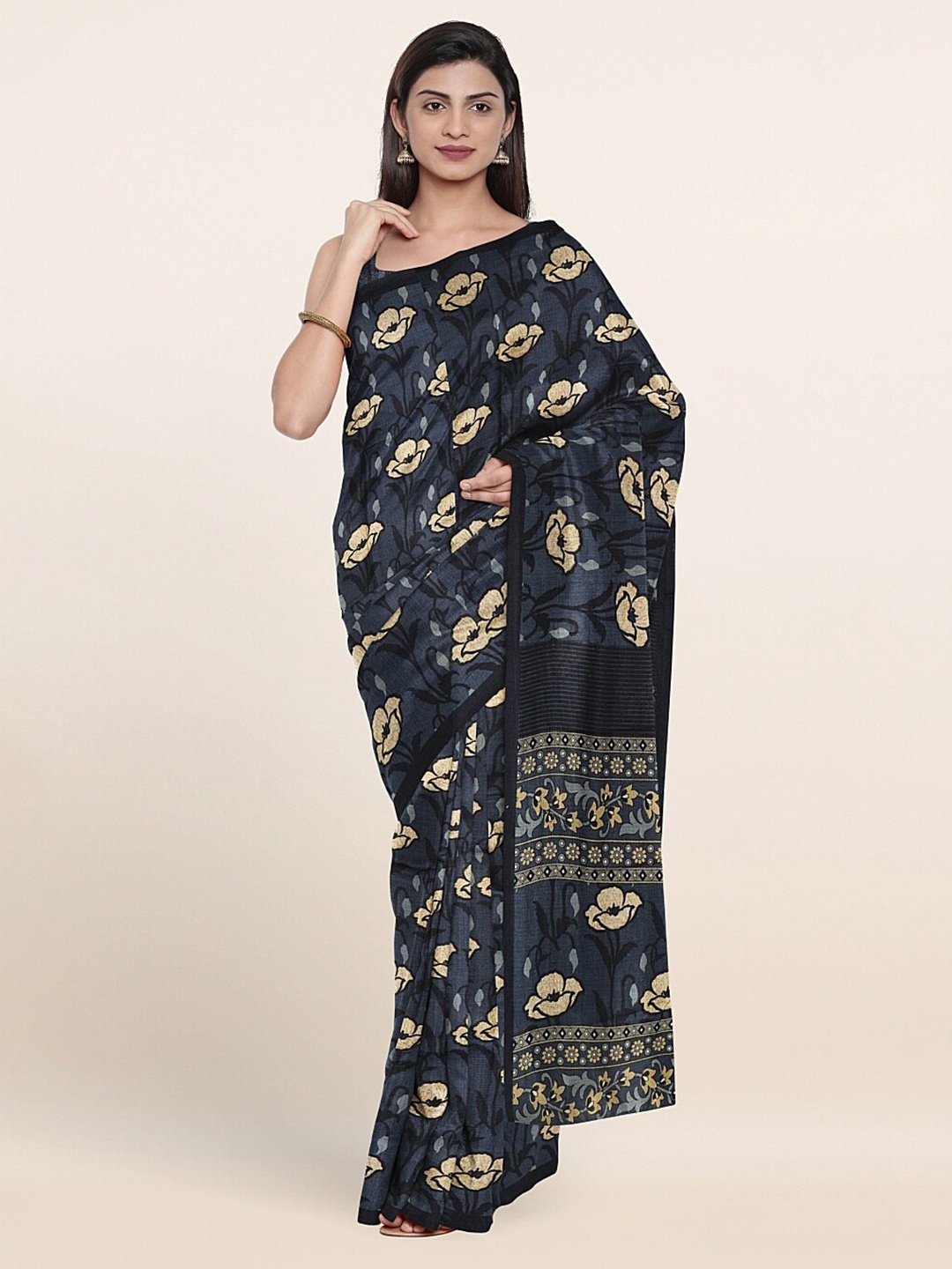 

Pothys Blue & Cream-Coloured Floral Printed Saree
