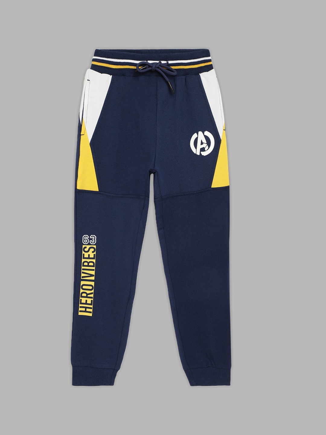 

Blue Giraffe Boys Navy Blue & Yellow Avengers Colourblocked Pure Cotton Joggers
